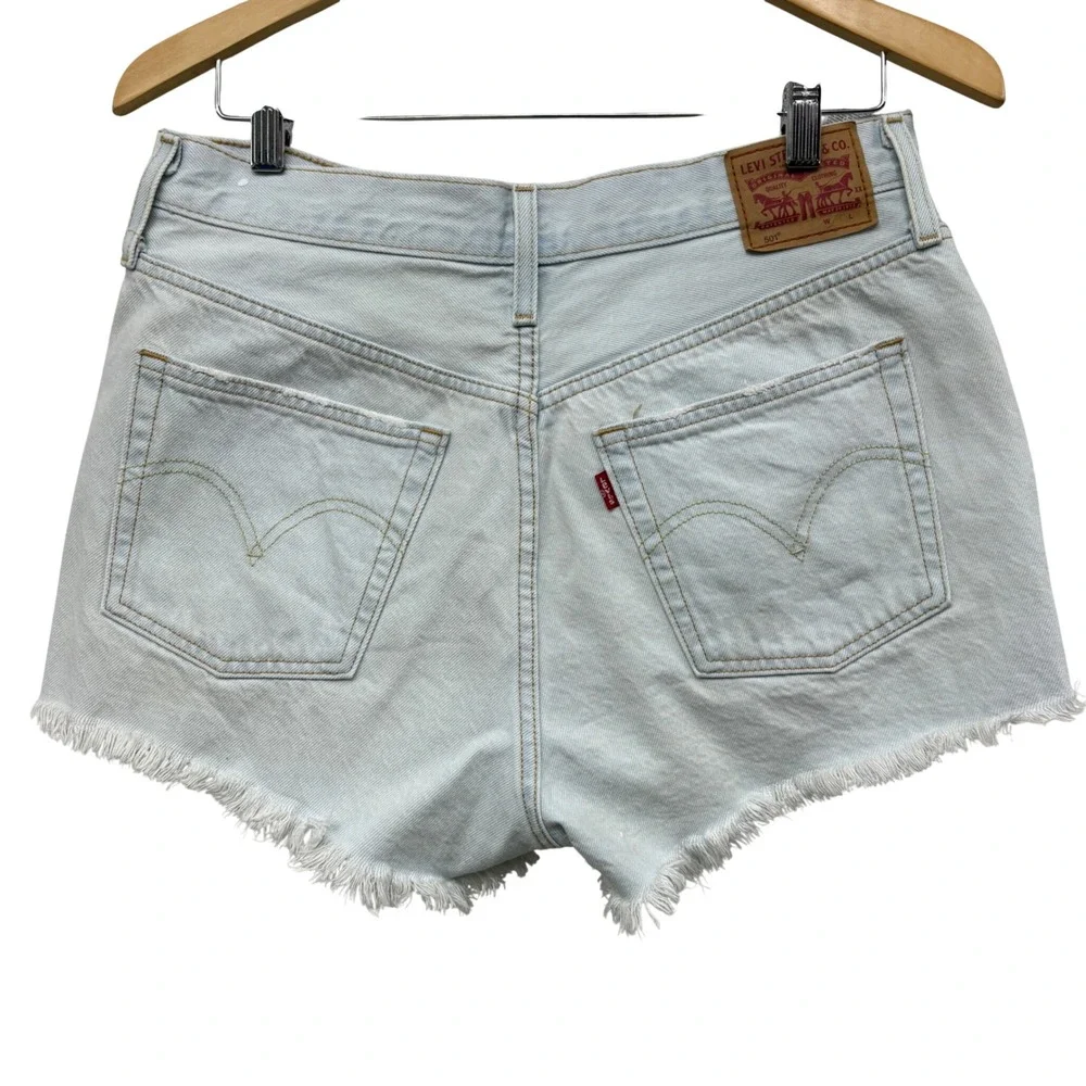 Levis 501 Original High Waisted Distressed Denim‎ Shorts Light Wash Blue W30